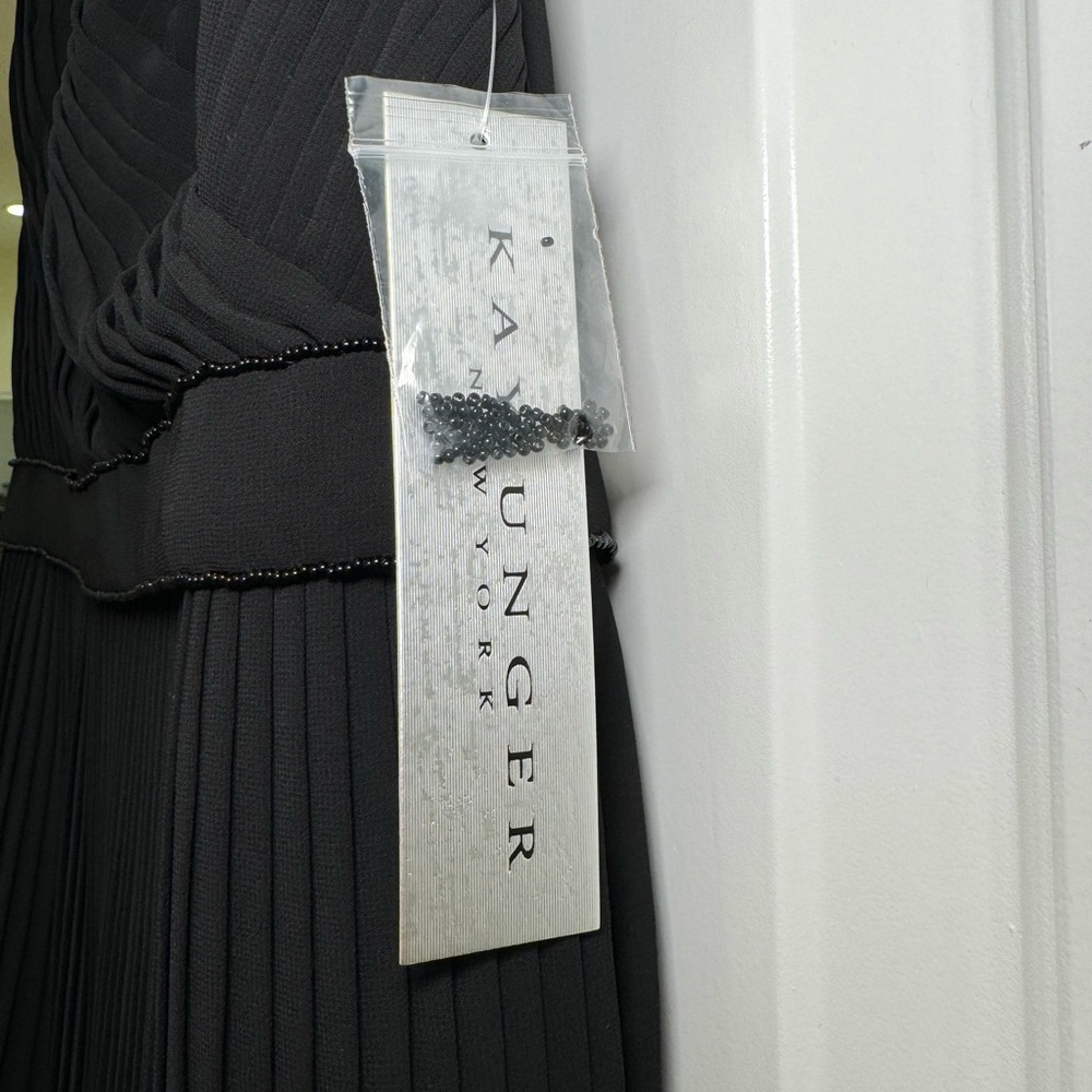 NWT Kay Unger Beaded Pleated V Neck Cocktail Party Event Midi Dress Black 10 - Picture 4 of 6